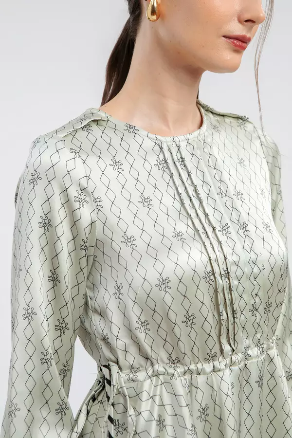 MINIMAL - Saera - Tunik Asimetris Satin Motif Geometris -Grey Warna Beige