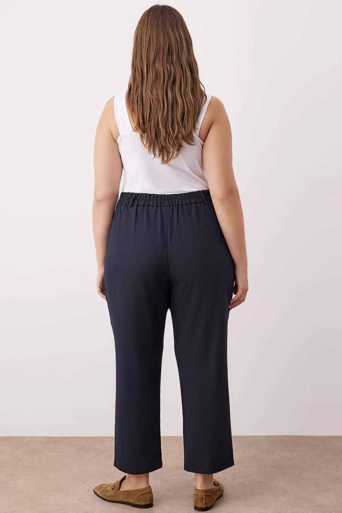 Navy Blue Elastic Waist Woven Premium Fabric Plus Size Trousers
