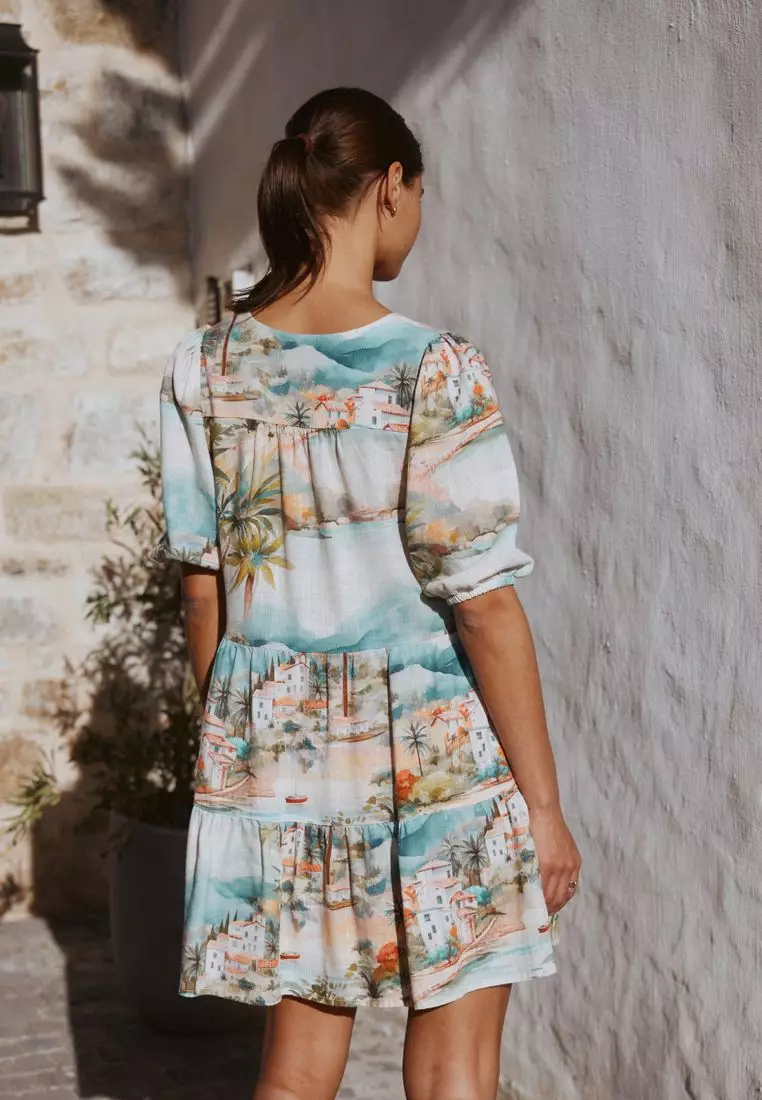 Short Sleeve Button Through Tiered Mini Dress with Linen