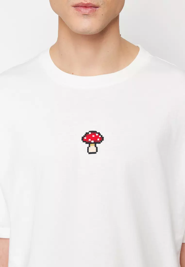 Ecru Unisex Oversize/Wide Cut Mushroom Embroidered 100% Cotton T-Shirt TMNSS24TS00070