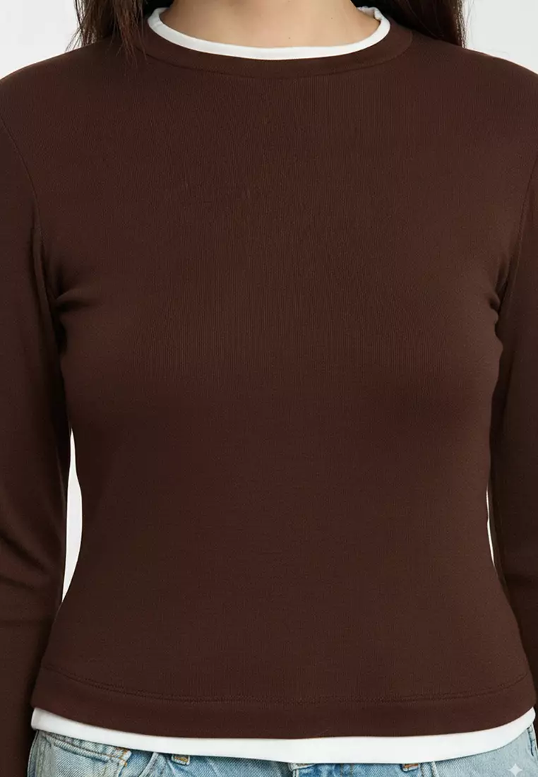 Brown Color Block Fitted/Body-Smoothing Viscose/Soft Fabric Flexible Knitted Blouse