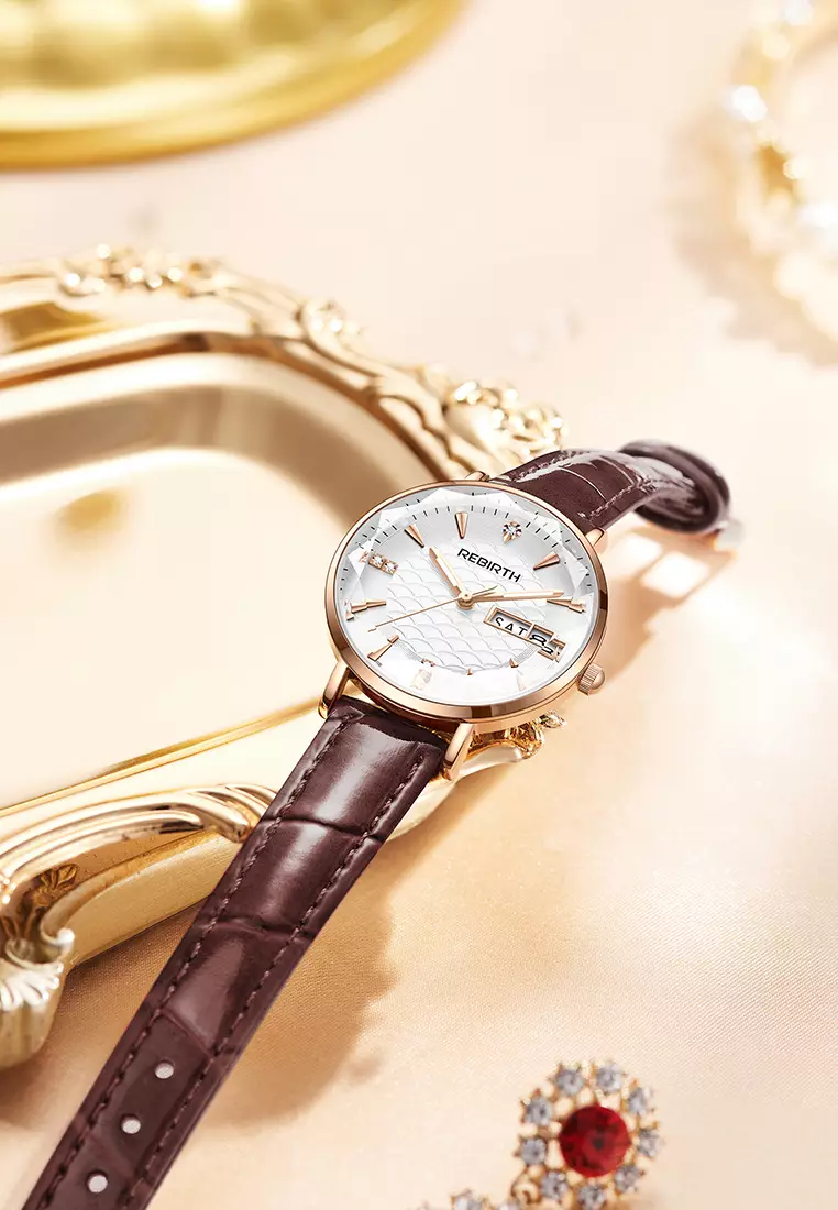 Jam Tangan Wanita Tahan Air Tali Kulit Jam Wanita Kuarsa Santai Mode Jam Tangan Cewek brownwhite