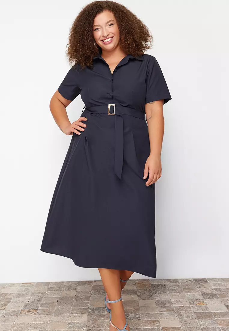 Jual Trendyol Plus Size Belted Woven Dress Original 2025 ZALORA