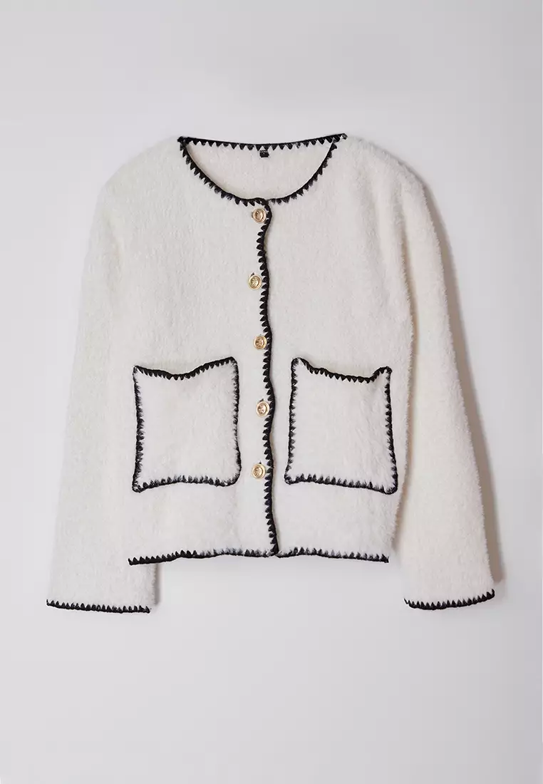 Ecru Fluffy Soft Texture Jacket Look Knitwear Cardigan TWOAW25HI00009