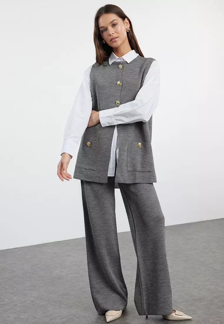 Anthracite Wide Fit Button Detailed Vest Pants Knitwear Top And Bottom Set