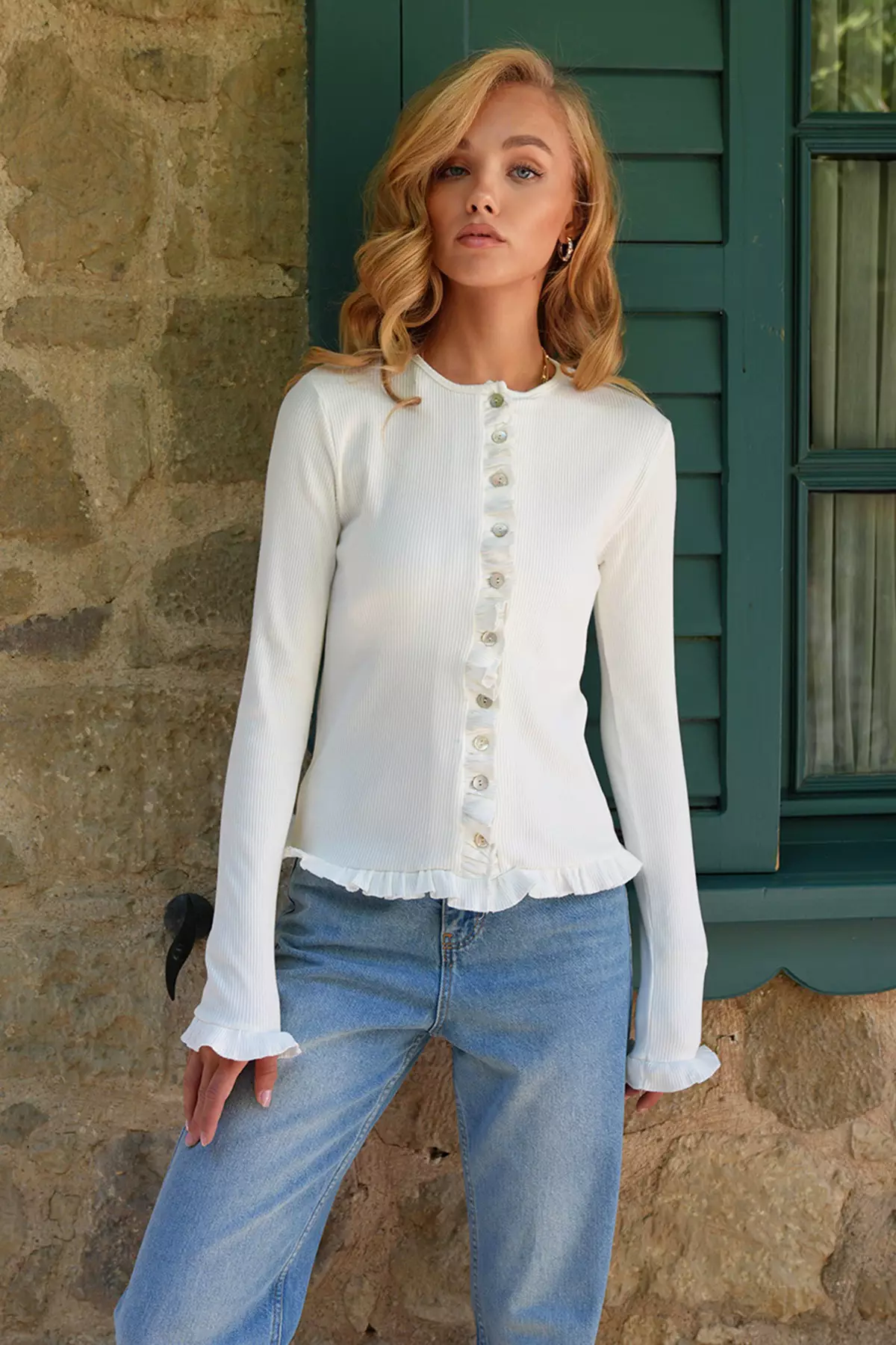 Women's Ecru Crew Neck Ruffle Detailed Button-Front Knitted Blouse Alc-X14533