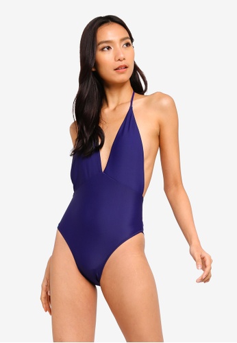 Basic Plunge Halter Tie Front Swimsuit