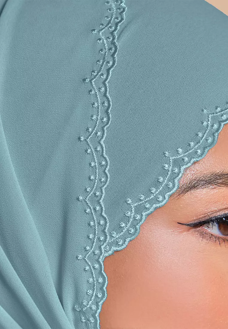 Tanuja Embroidered Scallop Headscarf - Dusty Aqua