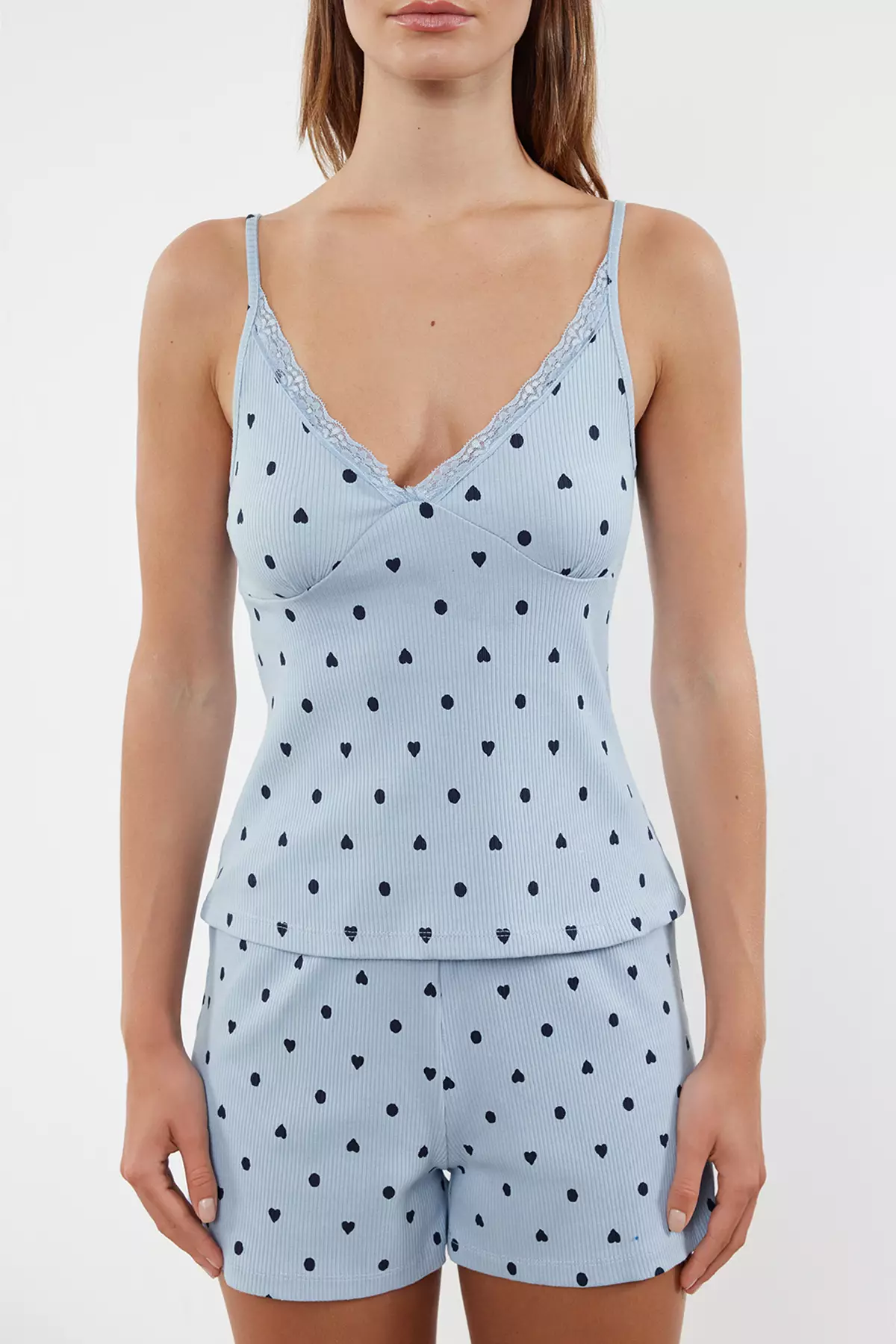 Light Blue 100% Cotton Heart Laced Rope Strap Ribbed Shorts Knitted Pajama Set THMSS24PT00062