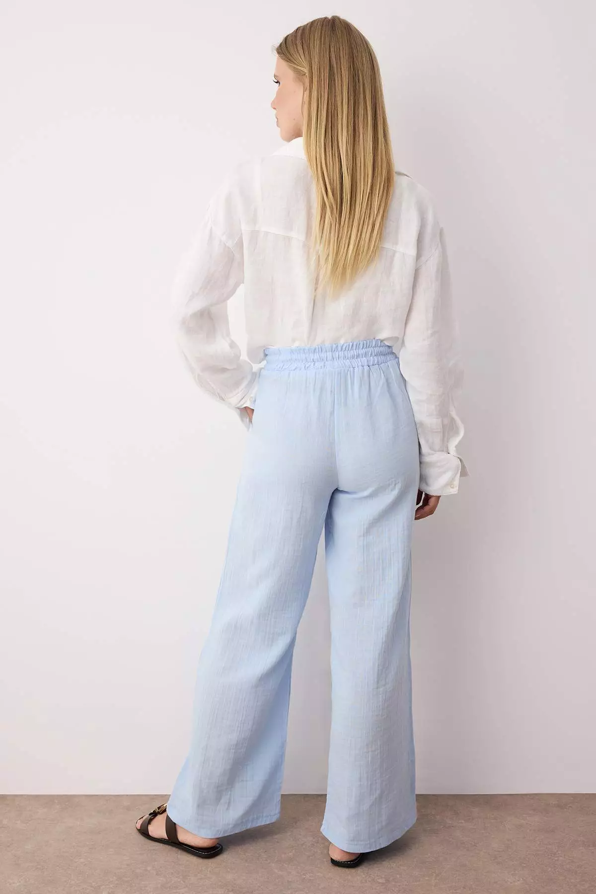 Blue Muslin Elastic Waist High Waist Wide Leg Pants