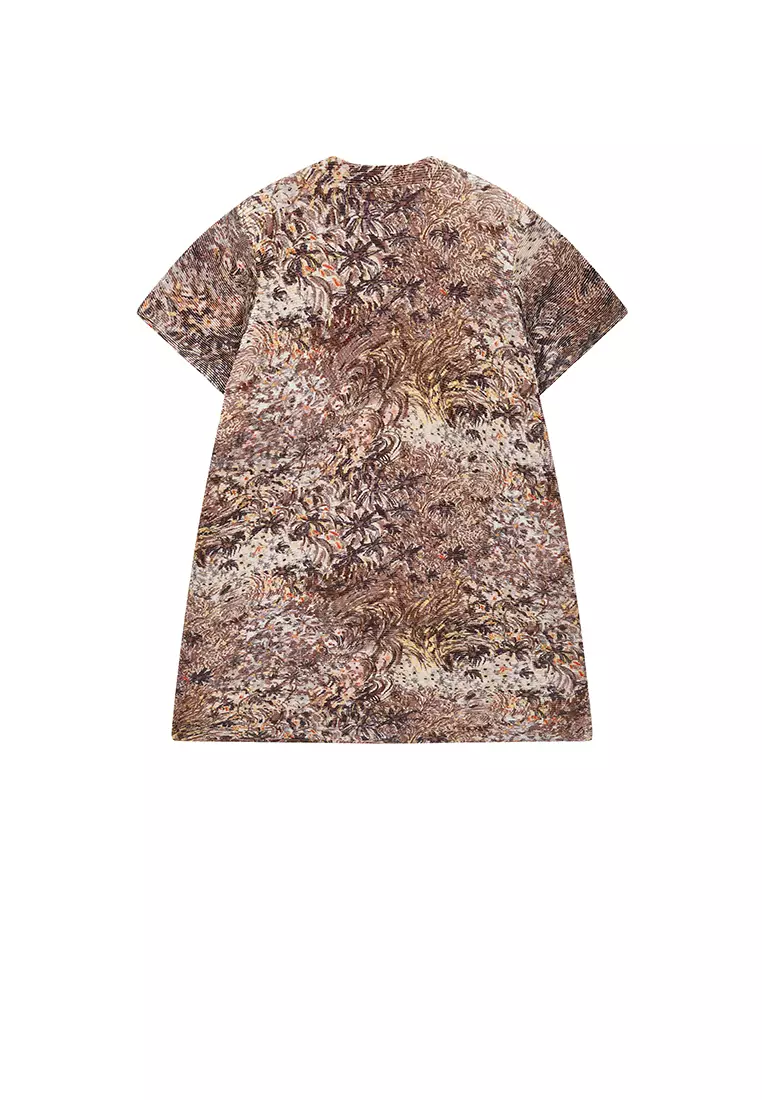 混纺图案元素A型压褶短袖连衣裙