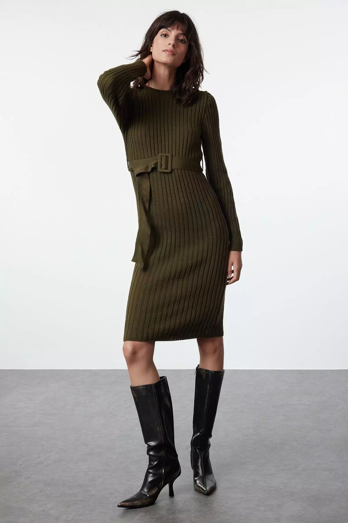 Khaki Mini Knitted Belted Dress TWOAW23EL00444