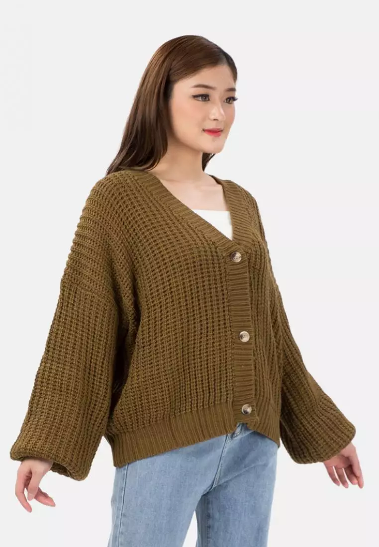 Button Puff Sleeve Knit Cardigan in Brown