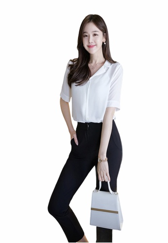 Crystal Korea Fashion white Korean-made V-neck short-sleeved all-match solid color shirt F8435AA08DF196GS_1