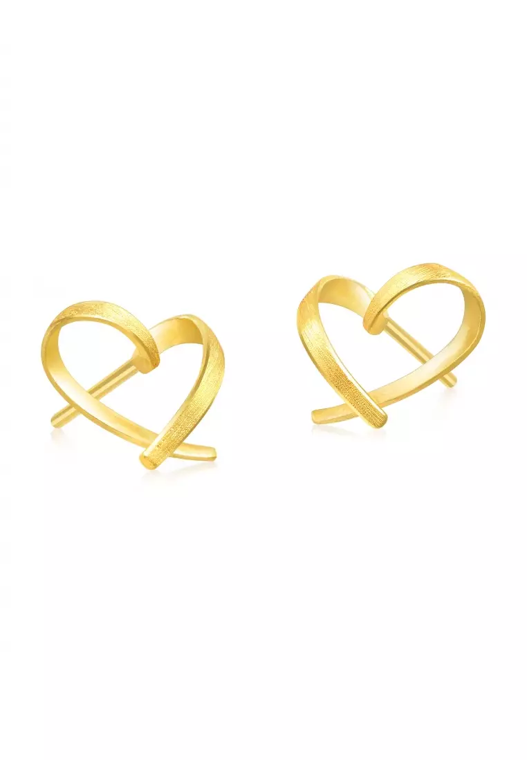 999.9 24K Solid Gold Simple Lovely Heart Stud Earrings for Women 68738E