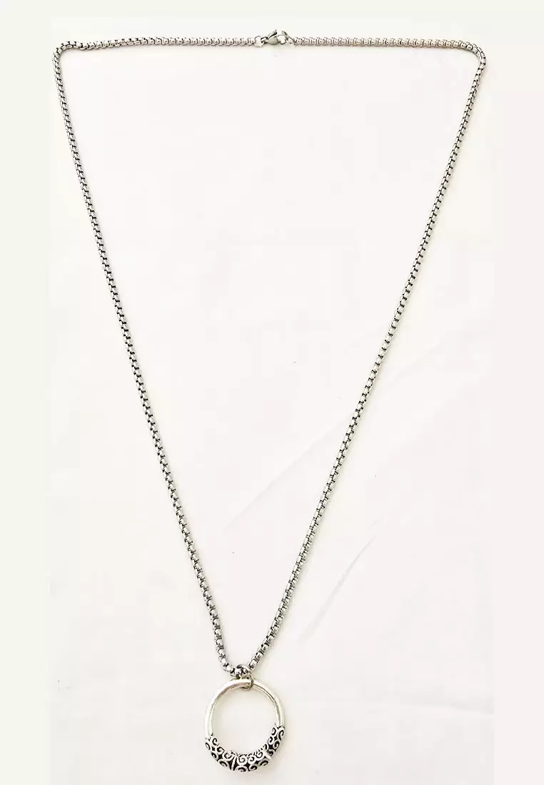 Aksesoris Pria Ethnic Ring Pendant Premium Stainless Steel Necklace Kalung Pria Cincin Silver