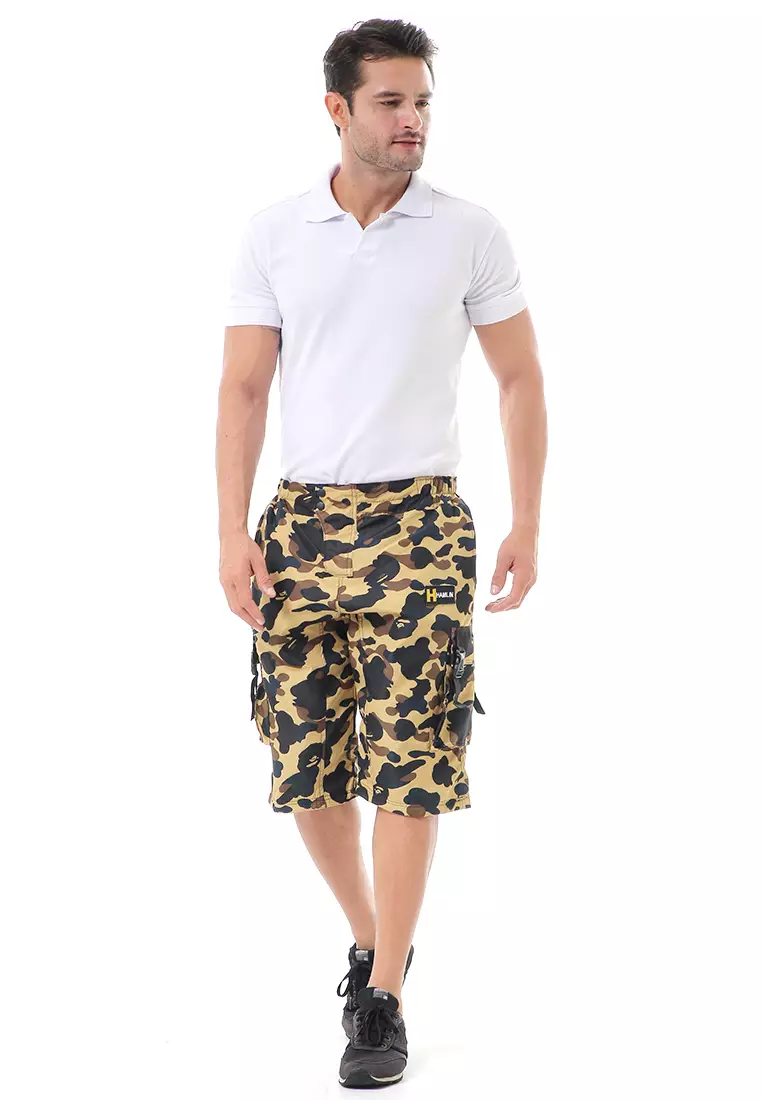 Grissham Celana Cargo Pendek Pria Short Pants Kasual Motif Loreng Material Parasut ORIGINAL - Yellow