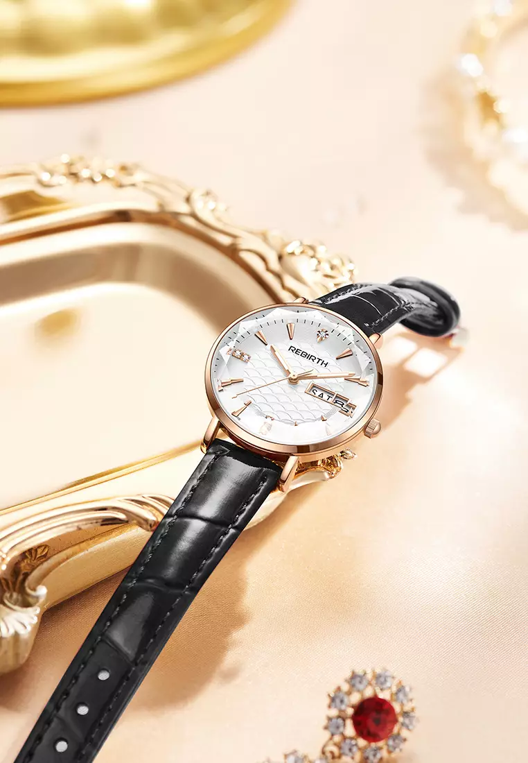 Jam Tangan Wanita Tahan Air Tali Kulit Jam Wanita Kuarsa Santai Mode Jam Tangan Cewek blackwhite