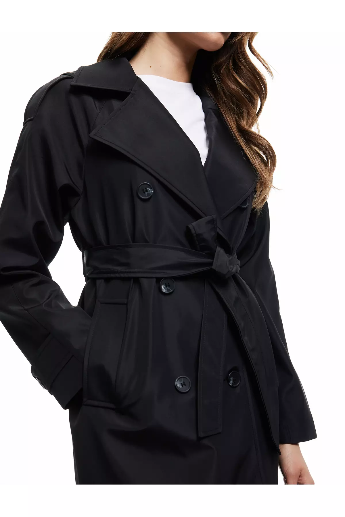 長袖束腰雙排扣長款華達呢風衣連口袋