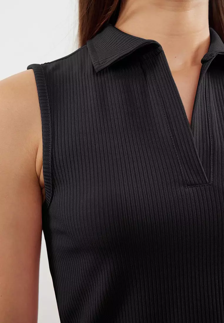 Anthracite Fitted Polo Collar Crop Flexible Knitted Blouse