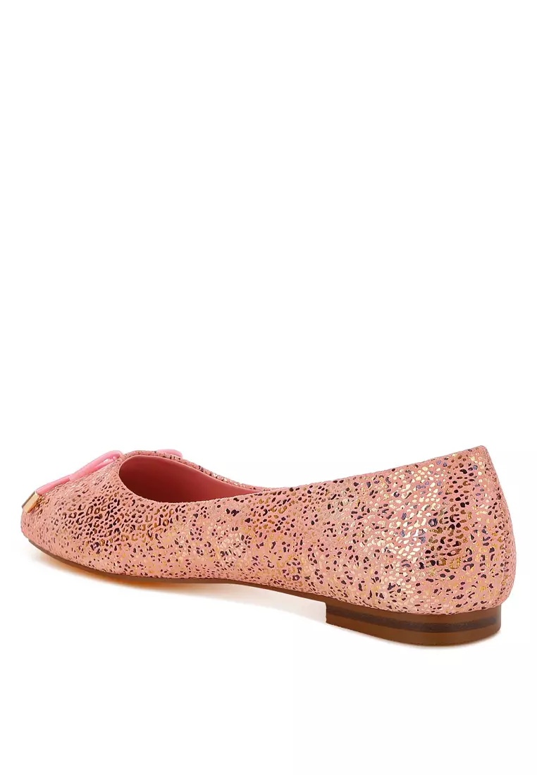 Bow Detail Embossed Suede Ballerinas Pink