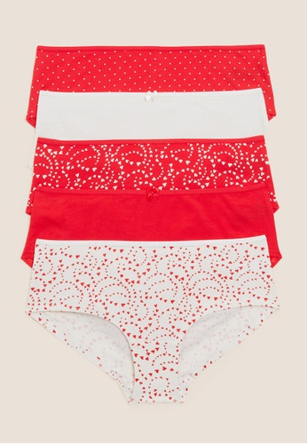 MARKS & SPENCER red M&S 5 pack Pink Floral Cotton Lycra Low Rise Short Knickers 66E73US37463E5GS_1