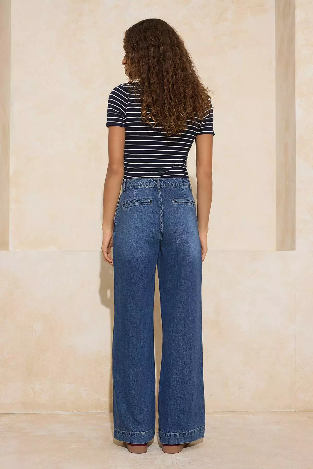 Dark Blue Drape Waist Detailed High Waist 1% Cotton Wide Leg Jeans Twoss26Je61