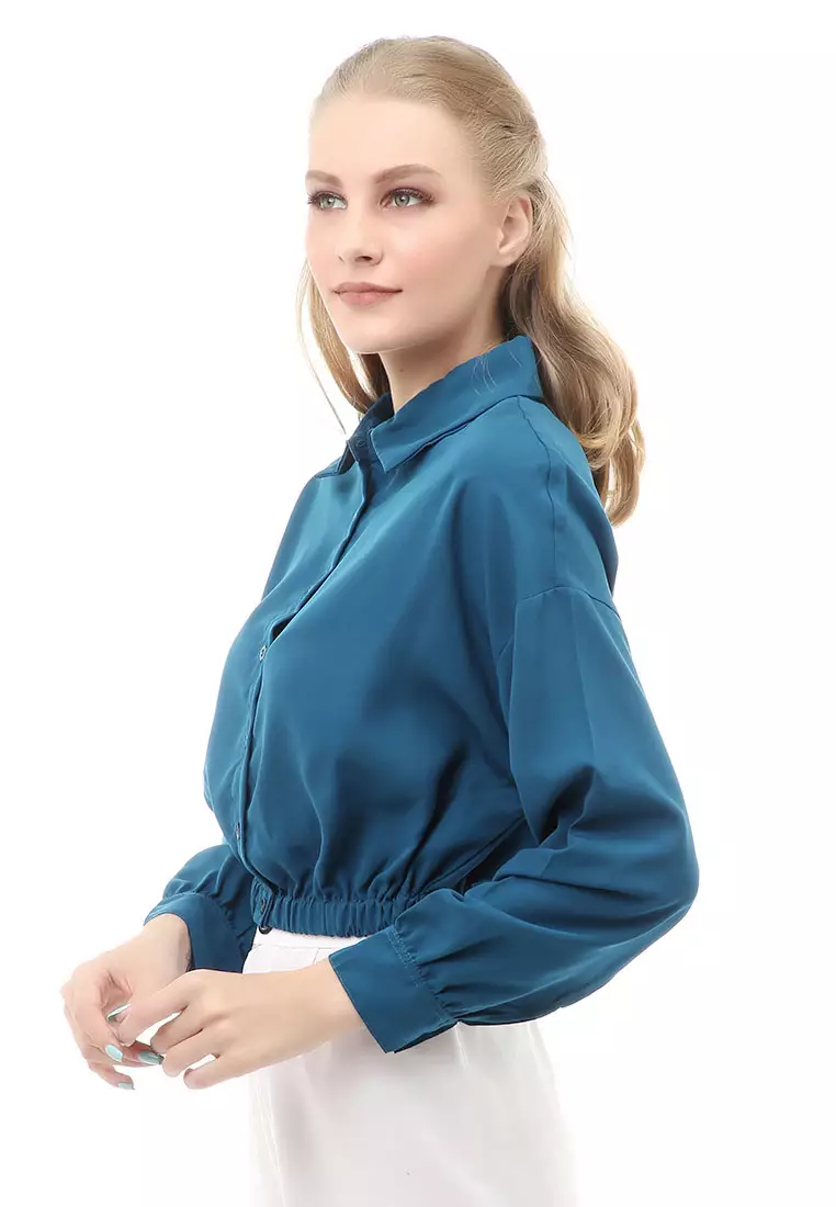 Holly Atasan Kasual Wanita Kemeja Lengan Panjang Shirt Long Sleeve Variasi Karet Pinggang Material Woven ORIGINAL - Tosca