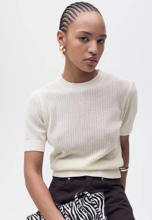Short-Sleeved Openwork Knitted Sweater
