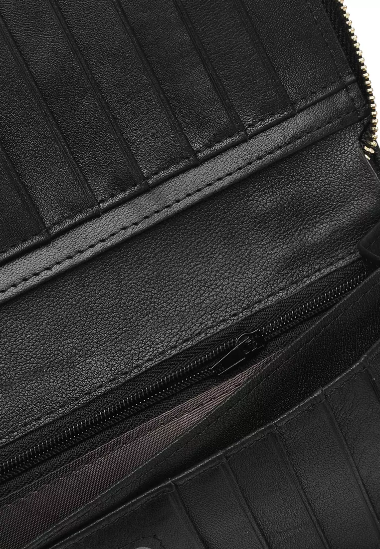 Genuine Leather Zipper Long Wallet - Black