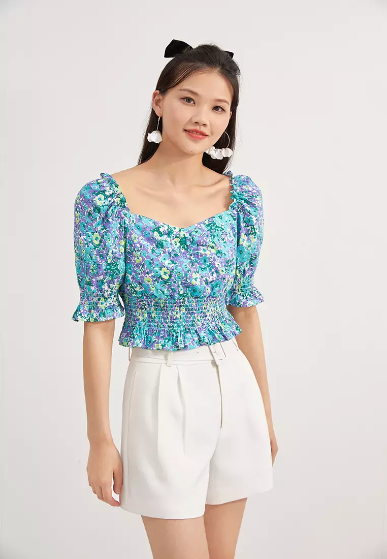 Slim Waist Square Neck Floral Crop Top