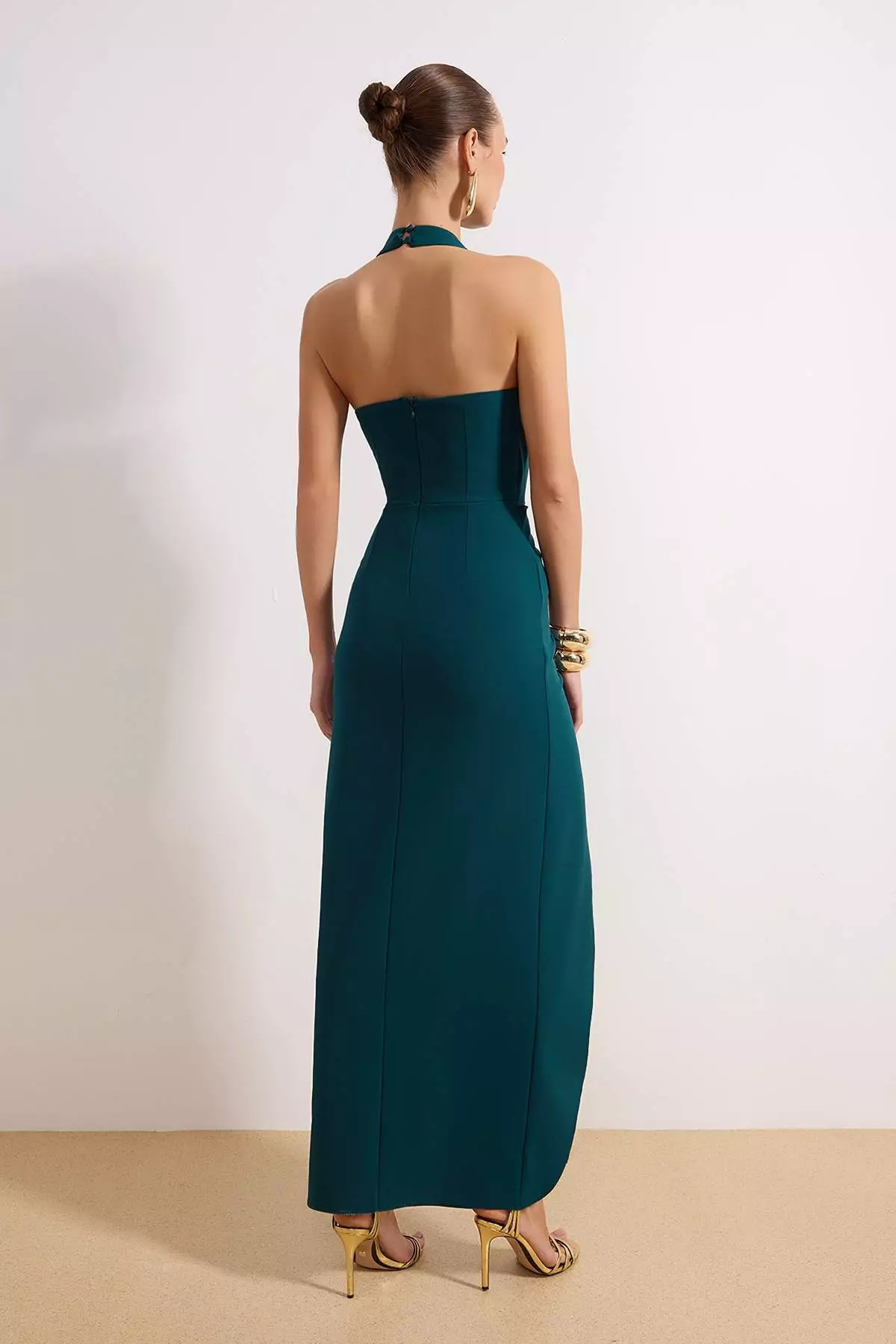 Emerald Green Accessory Detailed Slit Woven Maxi Evening Dress & Graduation Dress