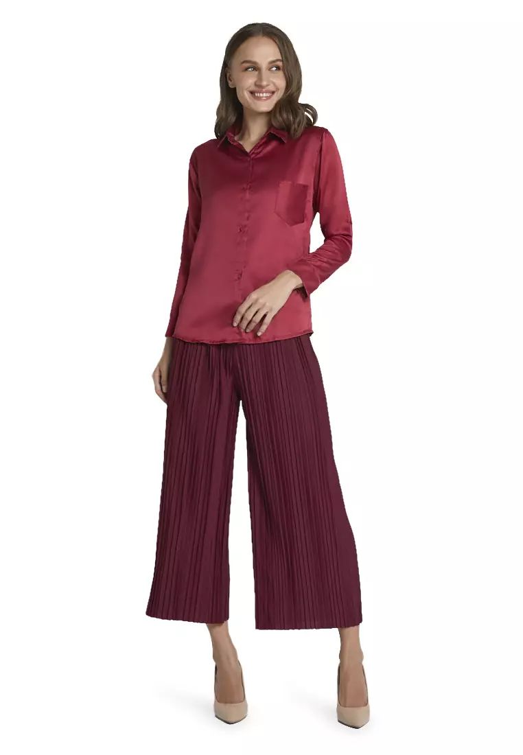 Uchenna Kemeja Lengan Panjang Shirt Plain Atasan Wanita Baju Kerja Regular Fit - Maroon