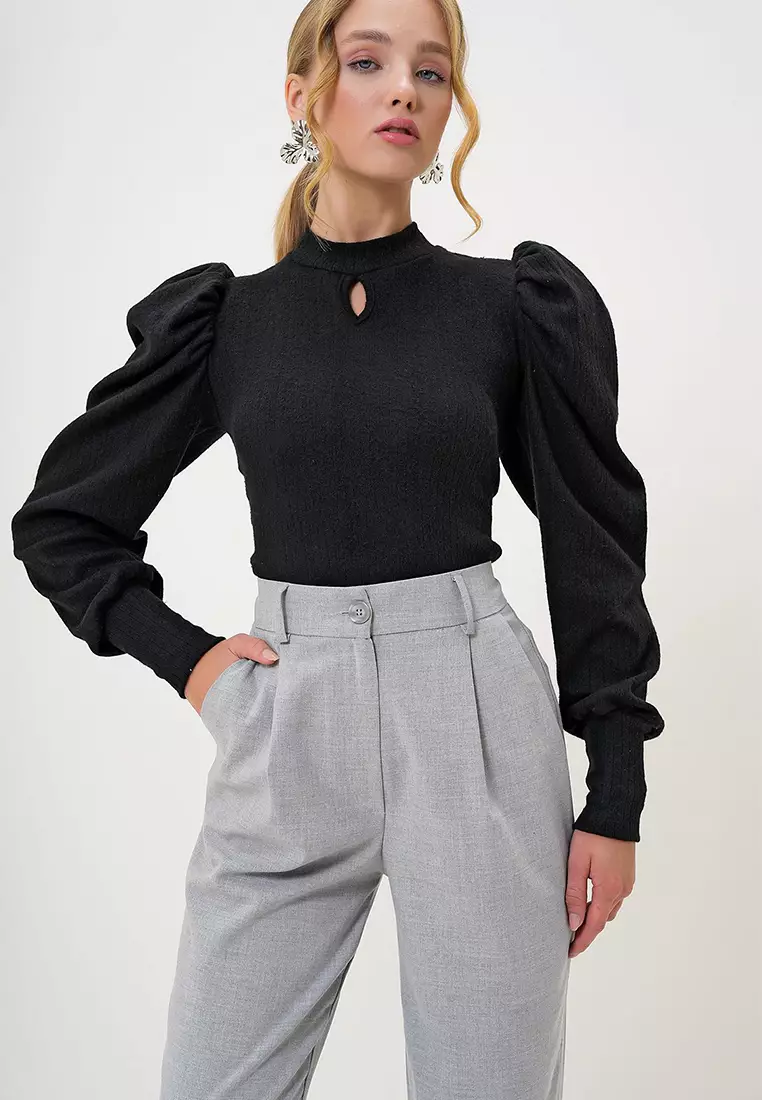 Women's Black Crew Neck Drop Neck Princess Sleeve Knitwear Blouse Alc-X13069