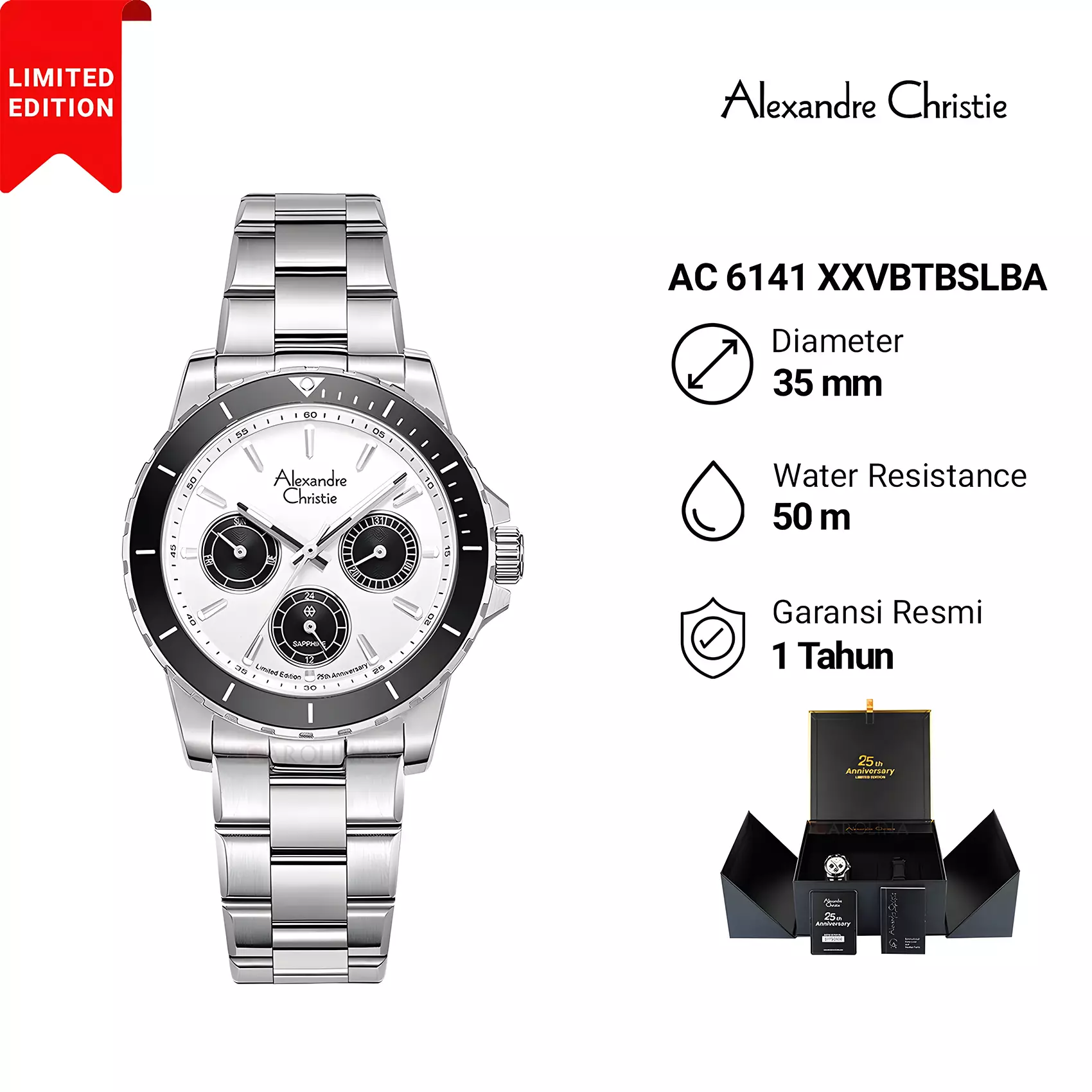 Alexandre Christie 25th ANNIVERSARY Limited Edition - Jam Tangan Chronograph Wanita - Silver Black - All Stainless Steel - 6141 XXVBTBSLBA