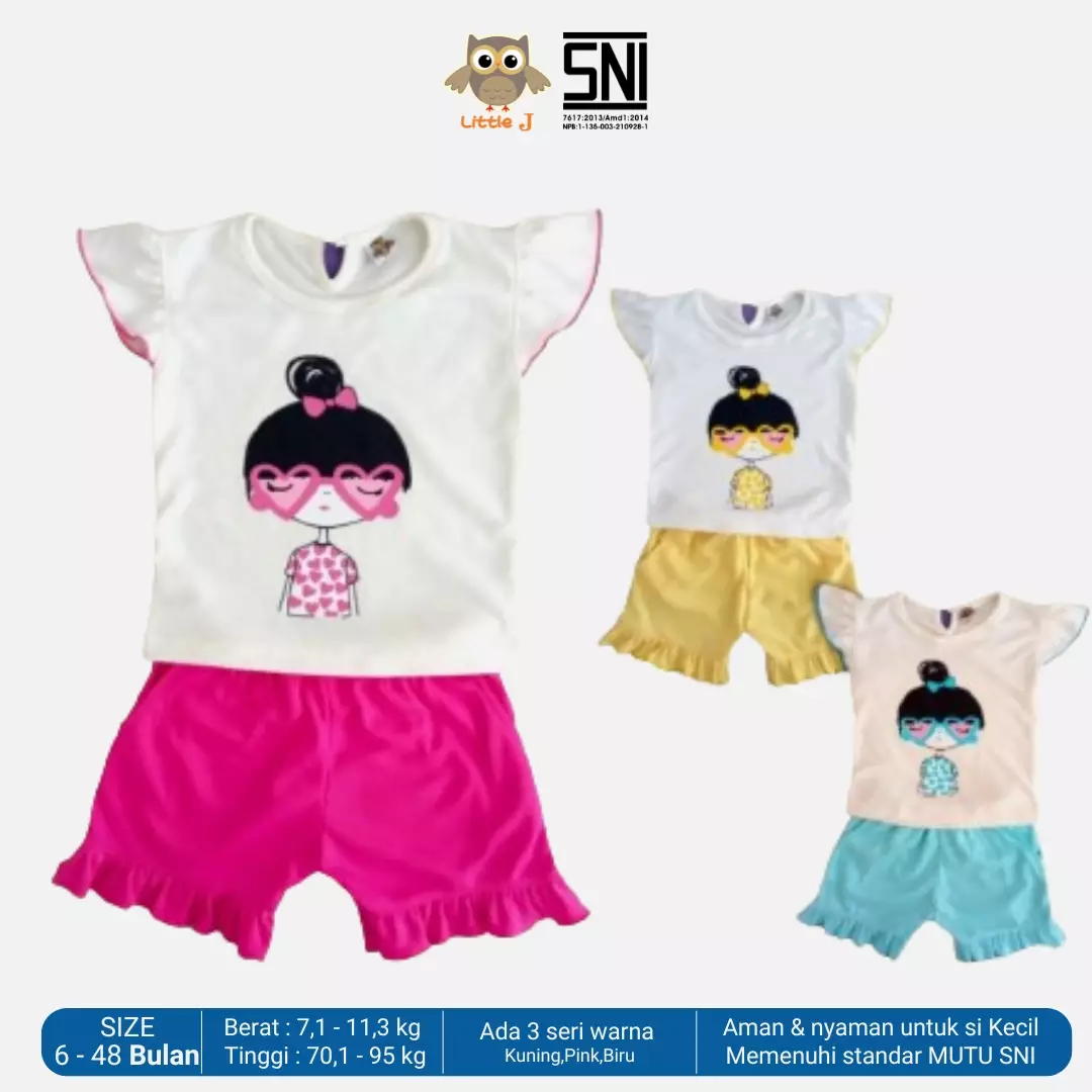 Little J Setelan Baju Anak Cewek Oblong Lengan Pendek Kaos Polos Set Celana Motif Usia 6 Bulan Hingga 48 Bulan