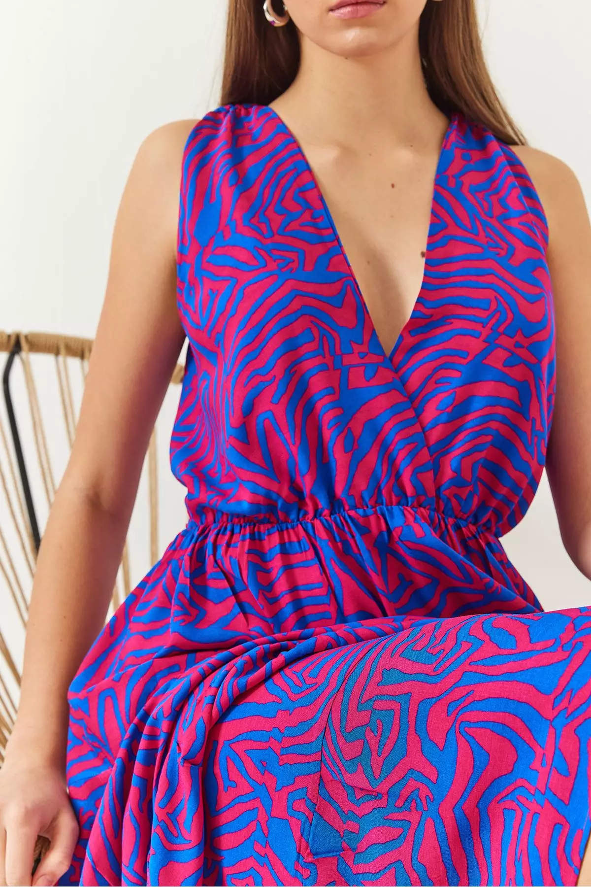 Women's Double Breasted Neckline Elastic Waist Back Rope Tie Print Dress 60261428