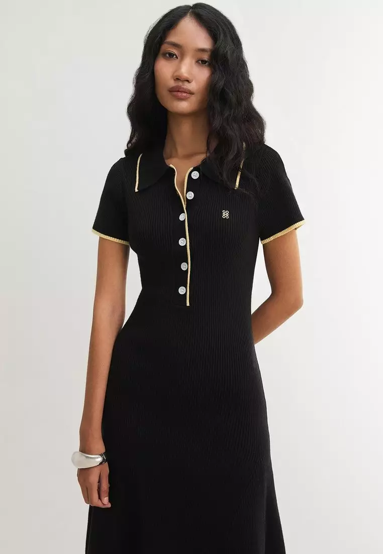 Collared Button Front Knit Midi Dress - Black