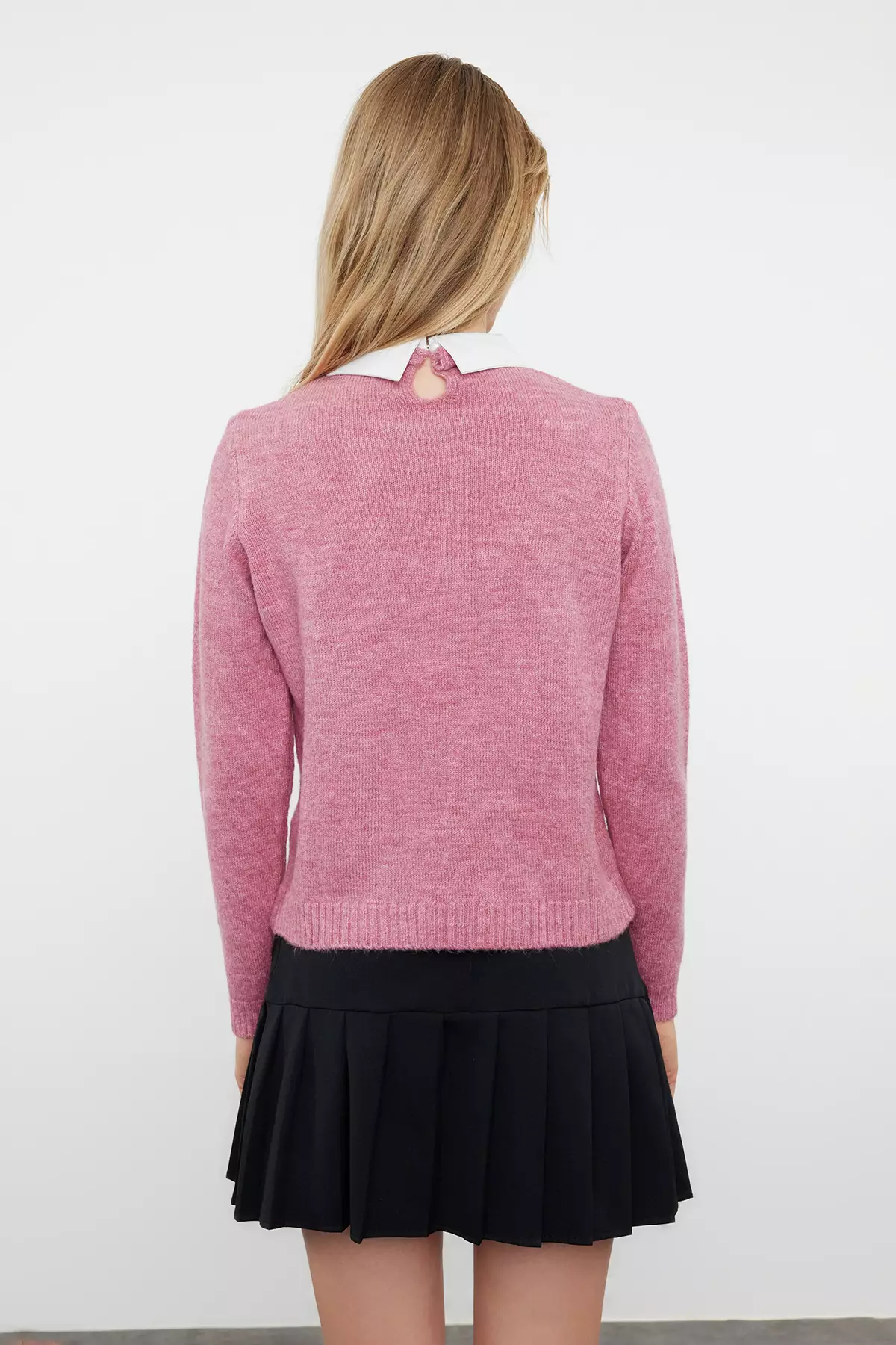 Dusty Rose Soft Texture Shirt Garnished Ribbon/Bow Detailed Stone Knitted Sweater