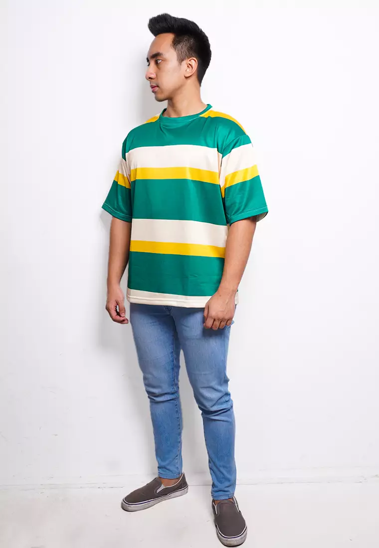 NX006 kaos oversize belang stripe light scuba nade hijau kuning krem putih