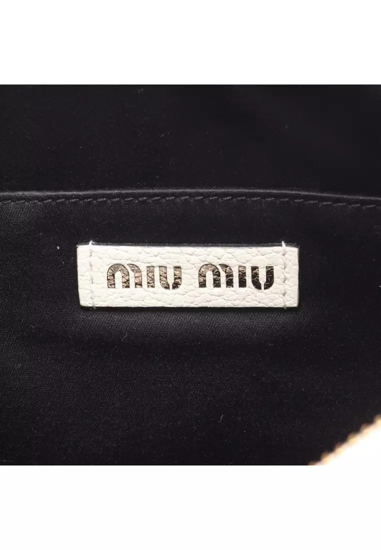 Pre-Loved MIU MIU logo jacquard Shoulder bag canvas leather off white black Brown