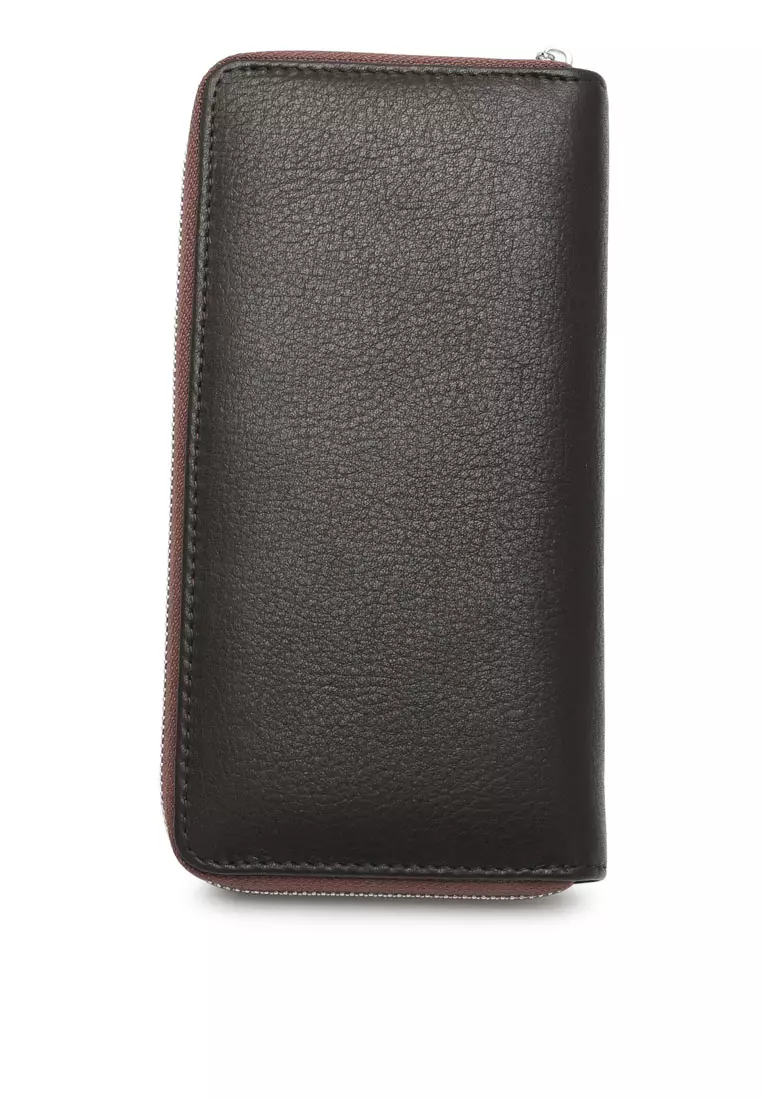 Men's Genuine Leather RFID Zipper Long Wallet - Brown