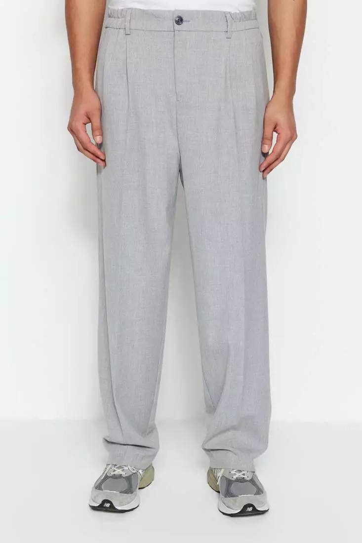 Men's Gray Palazzo Elastic Waist Pleated Pants