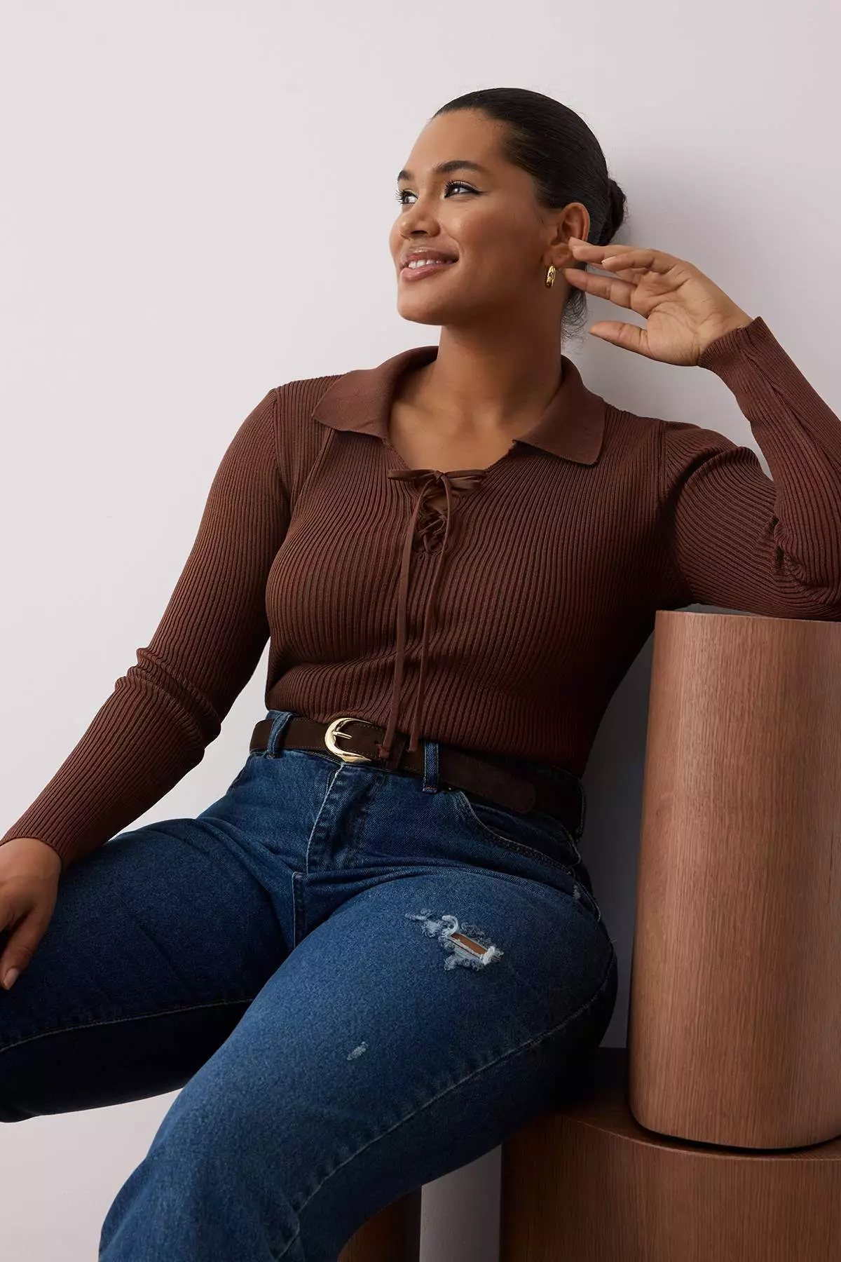 Brown Polo Neck Ribbed Slim Knitwear Blouse Tbbaw26Af00001