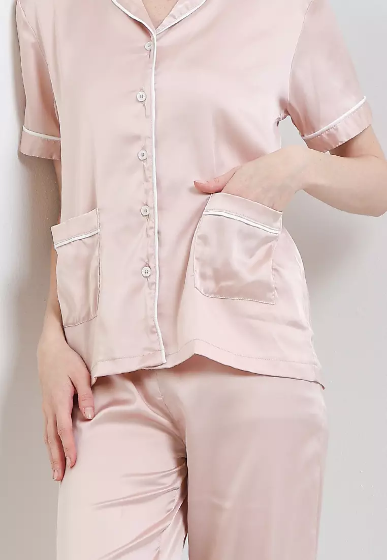 Pyjama Pijama Satin Silk Short Sleeve Pocket Long Pants Sleepwear