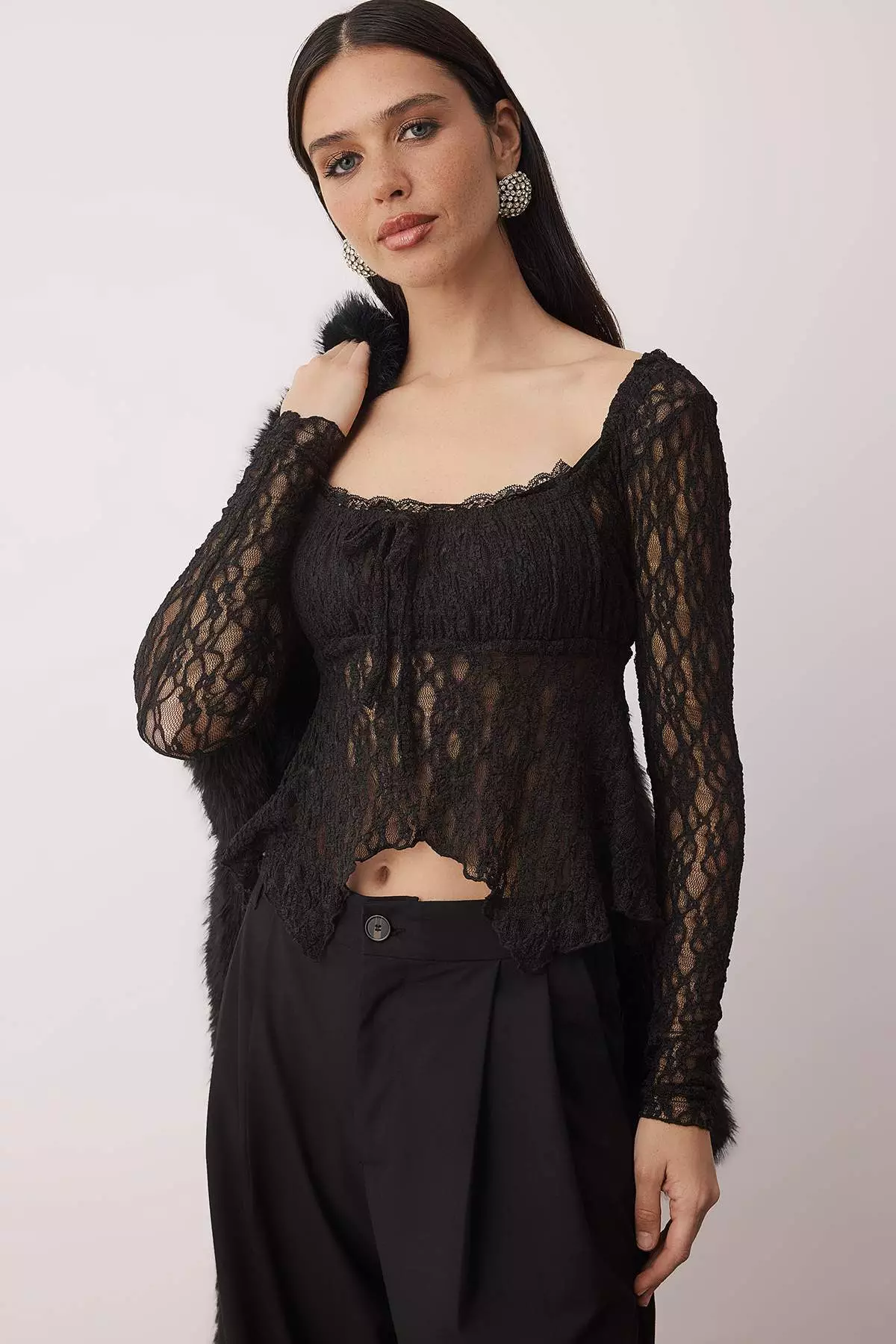 Black Square Collar Unlined Lace Party Blouse Tpraw26Bz7