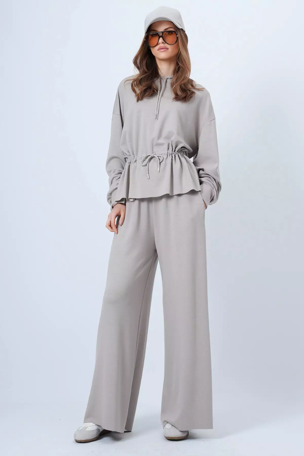 Beige Hooded Drawstring Waist Modal Blouse And Pants Set Alc-X14668