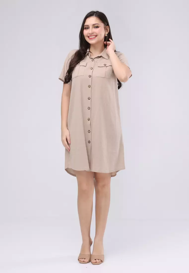 Crumpled Plain Cotton Woven Short Sleeves Dress