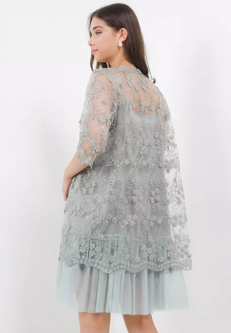 3/4 Sleeves Sequined Emb Mesh Outer W/ Tutu Hem Separate Cami Dress