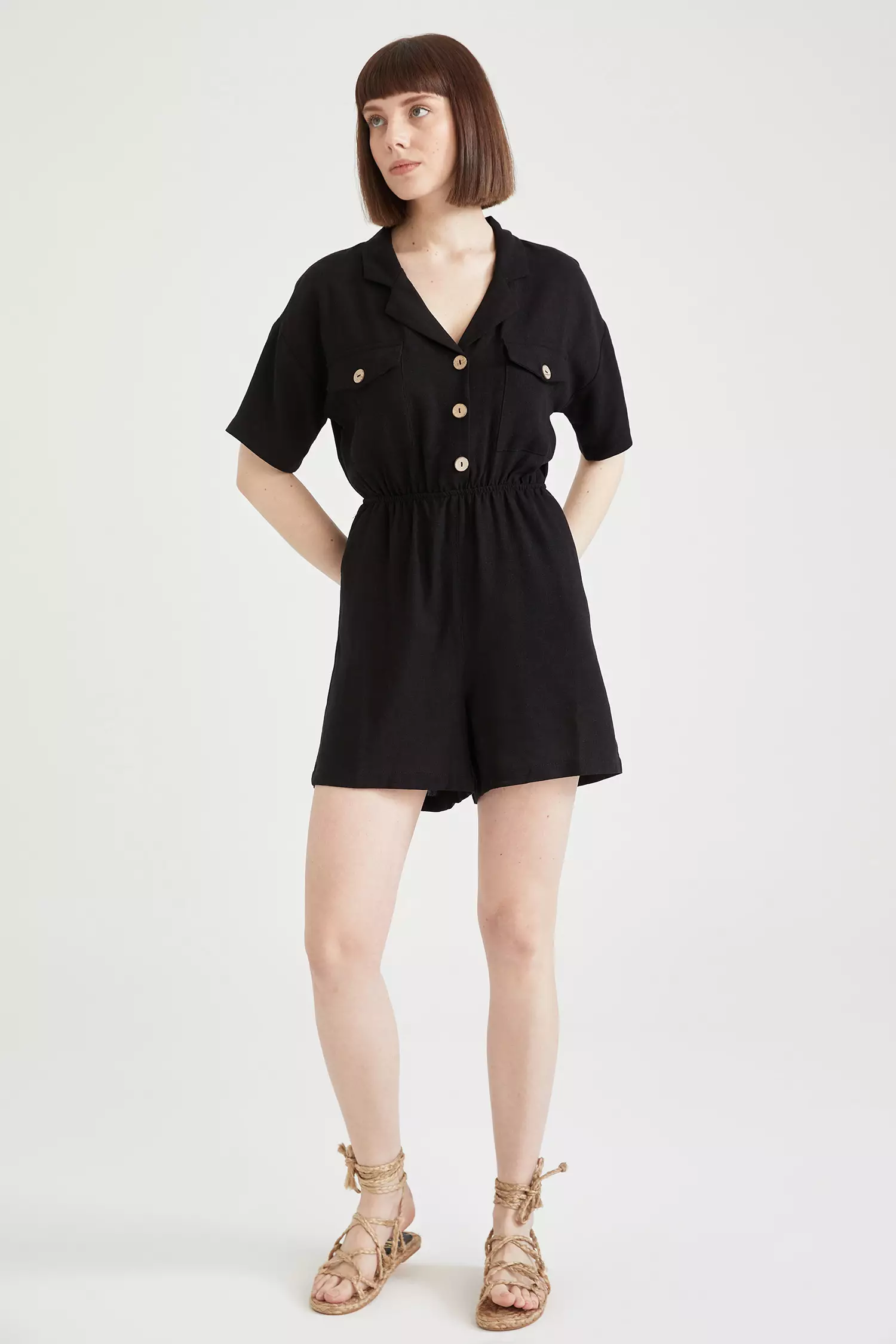 Short Sleeve Button Detailed Linen Playsuit